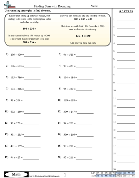 Addition Worksheets - Finding Sum with Rounding worksheet